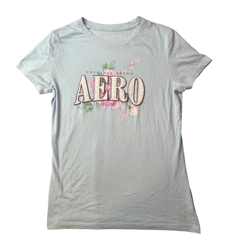 Aeropostale T-Shirt Womens L‎ Blue Aero Floral Graphic Classic Crew PKARGU 56007